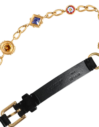 Dolce &amp; Gabbana Black Leather Gold Brass Crystal Chain Waist Belt