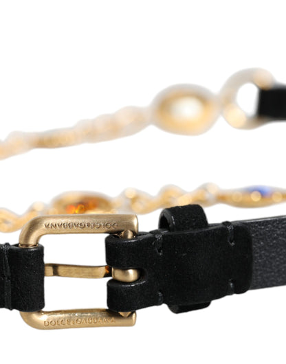 Dolce &amp; Gabbana Black Leather Gold Brass Crystal Chain Waist Belt