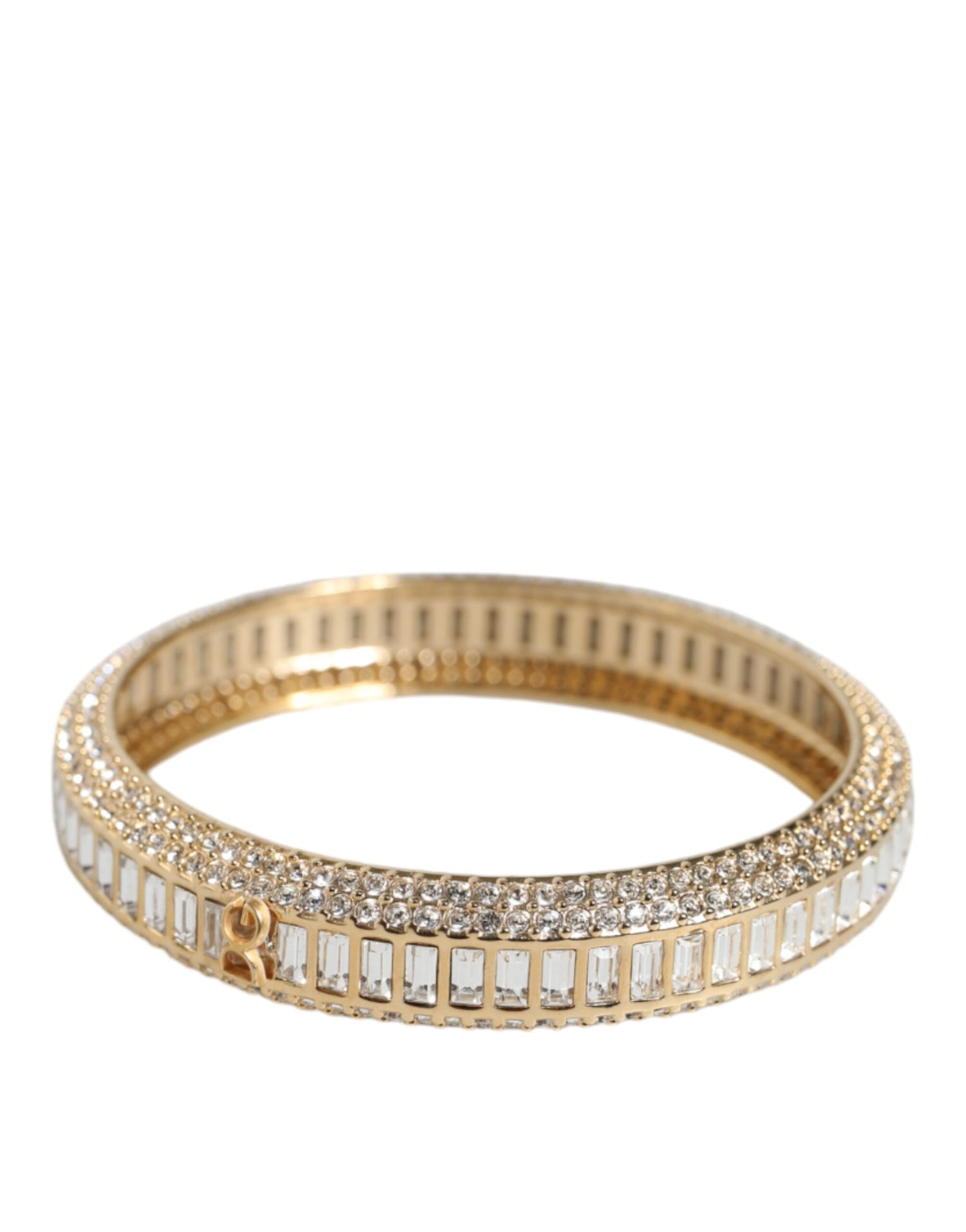 Dolce &amp; Gabbana Gold Tone Brass Crystal Stass DG Round Bangle Bracelet