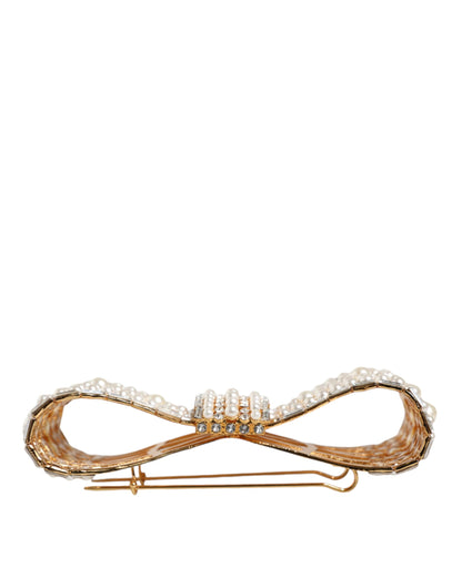 Dolce &amp; Gabbana Gold Tone Brass Bow Crystal FauxPearl Embellished Brooch