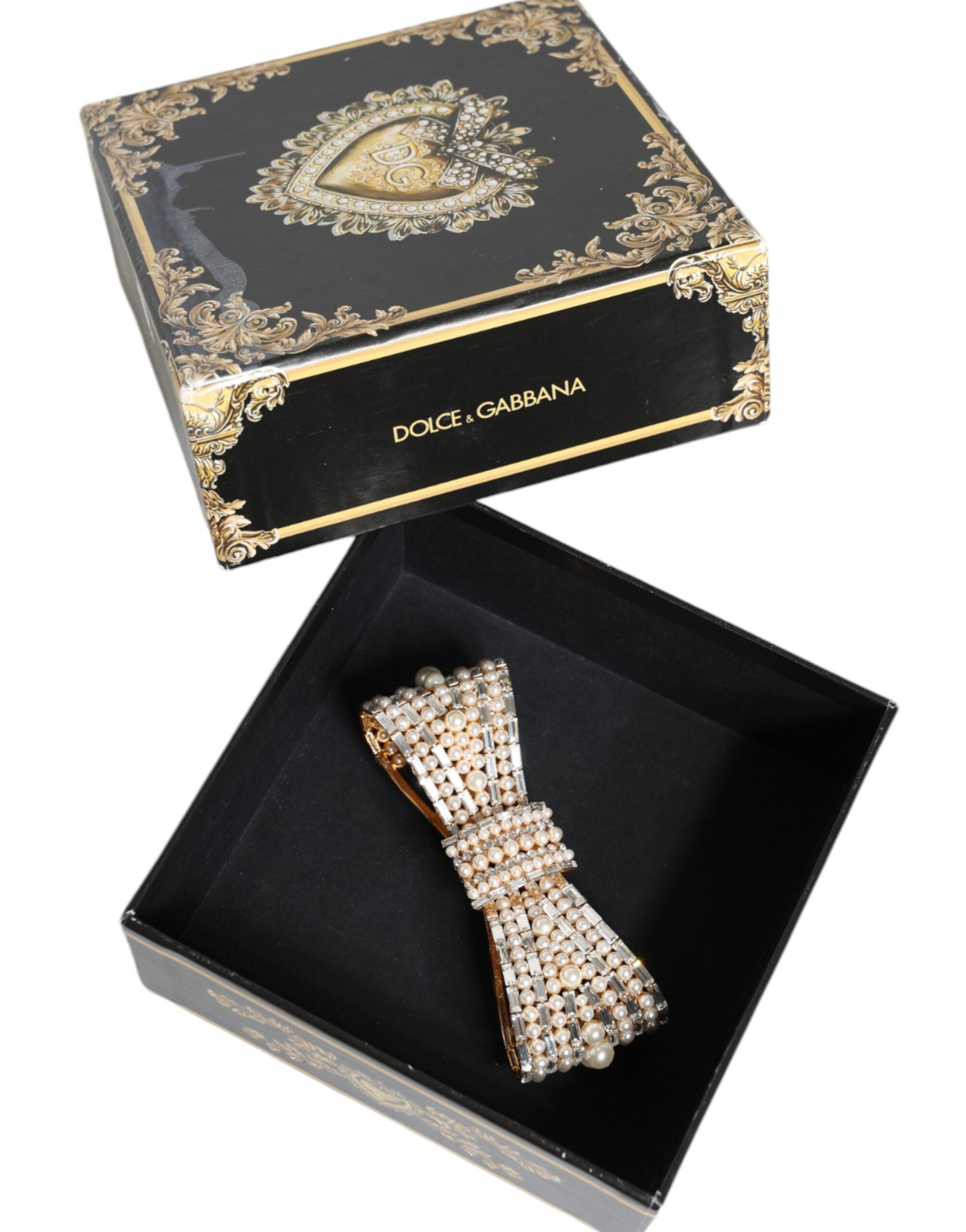 Dolce &amp; Gabbana Gold Tone Brass Bow Crystal FauxPearl Embellished Brooch