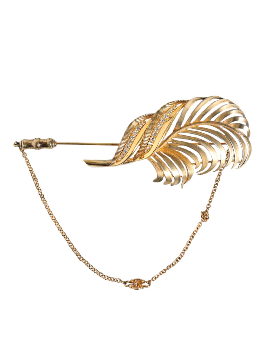 Dolce &amp; Gabbana Gold Tone 925 Sterling Silver Leaf Crystal Chain Brooch