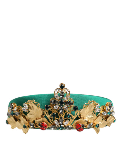 Dolce &amp; Gabbana Green Silk Crystal Embellished Tiara Headband Crown Diadem