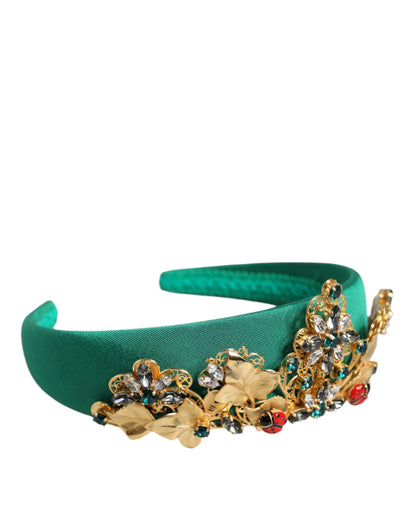 Dolce &amp; Gabbana Green Silk Crystal Embellished Tiara Headband Crown Diadem