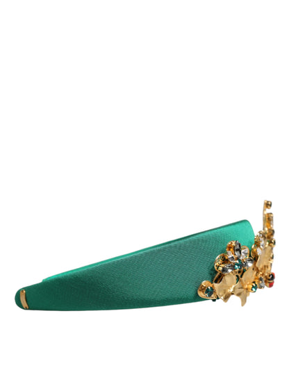 Dolce &amp; Gabbana Green Silk Crystal Embellished Tiara Headband Crown Diadem