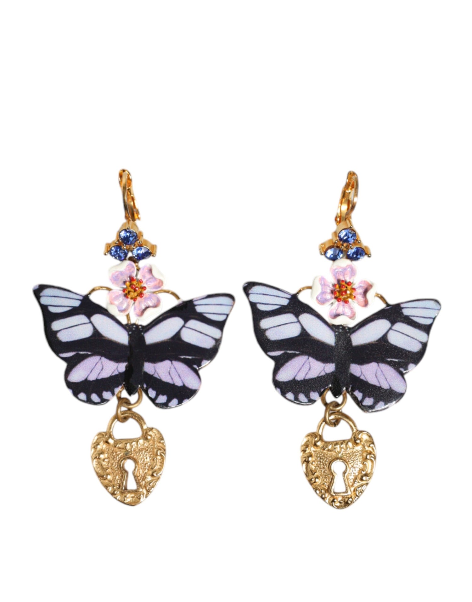 Dolce &amp; Gabbana Gold Purple Crystal Butterfly Heart Locket Earrings