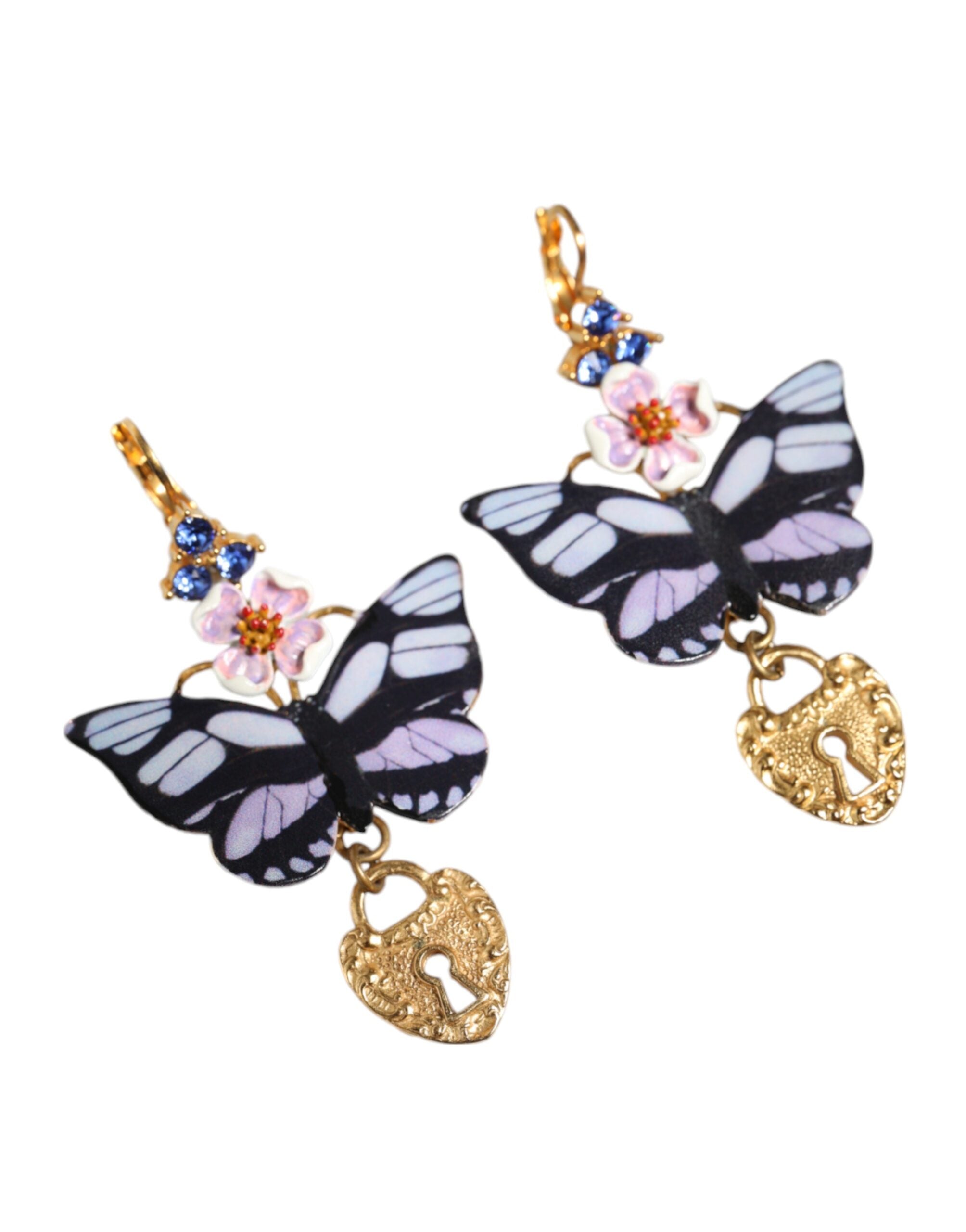 Dolce &amp; Gabbana Gold Purple Crystal Butterfly Heart Locket Earrings