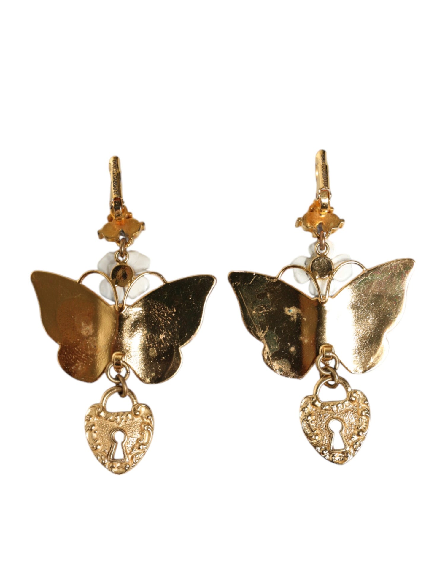 Dolce &amp; Gabbana Gold Purple Crystal Butterfly Heart Locket Earrings