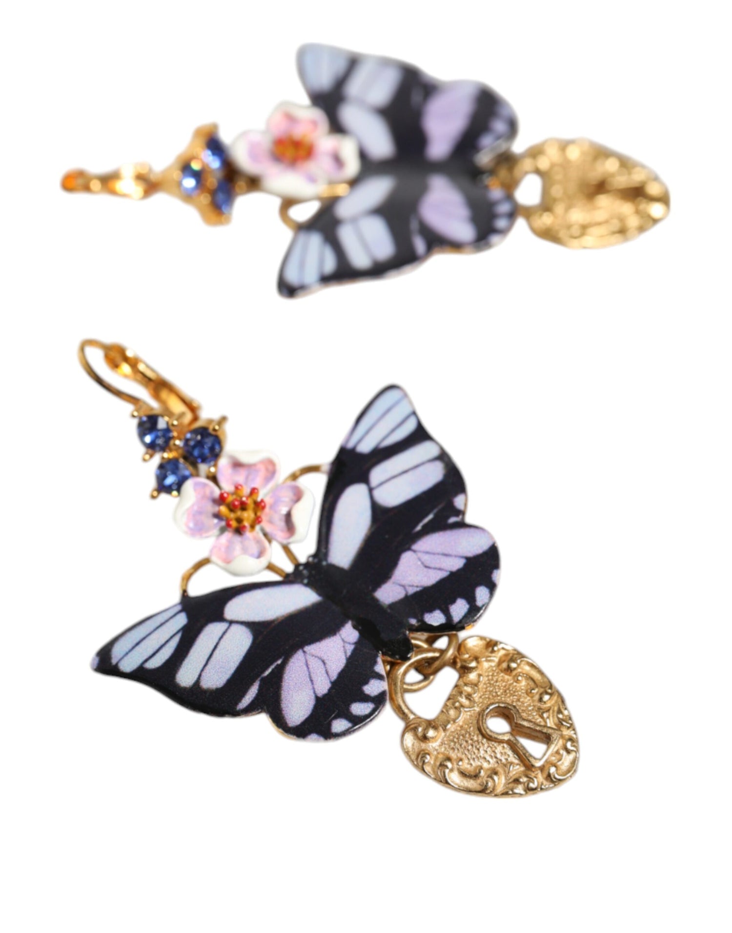 Dolce &amp; Gabbana Gold Purple Crystal Butterfly Heart Locket Earrings