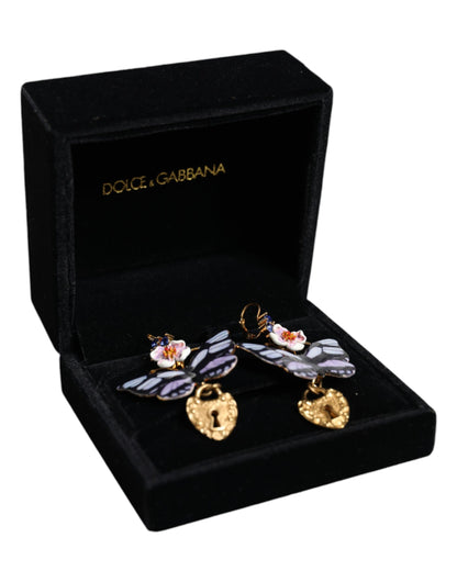 Dolce &amp; Gabbana Gold Purple Crystal Butterfly Heart Locket Earrings