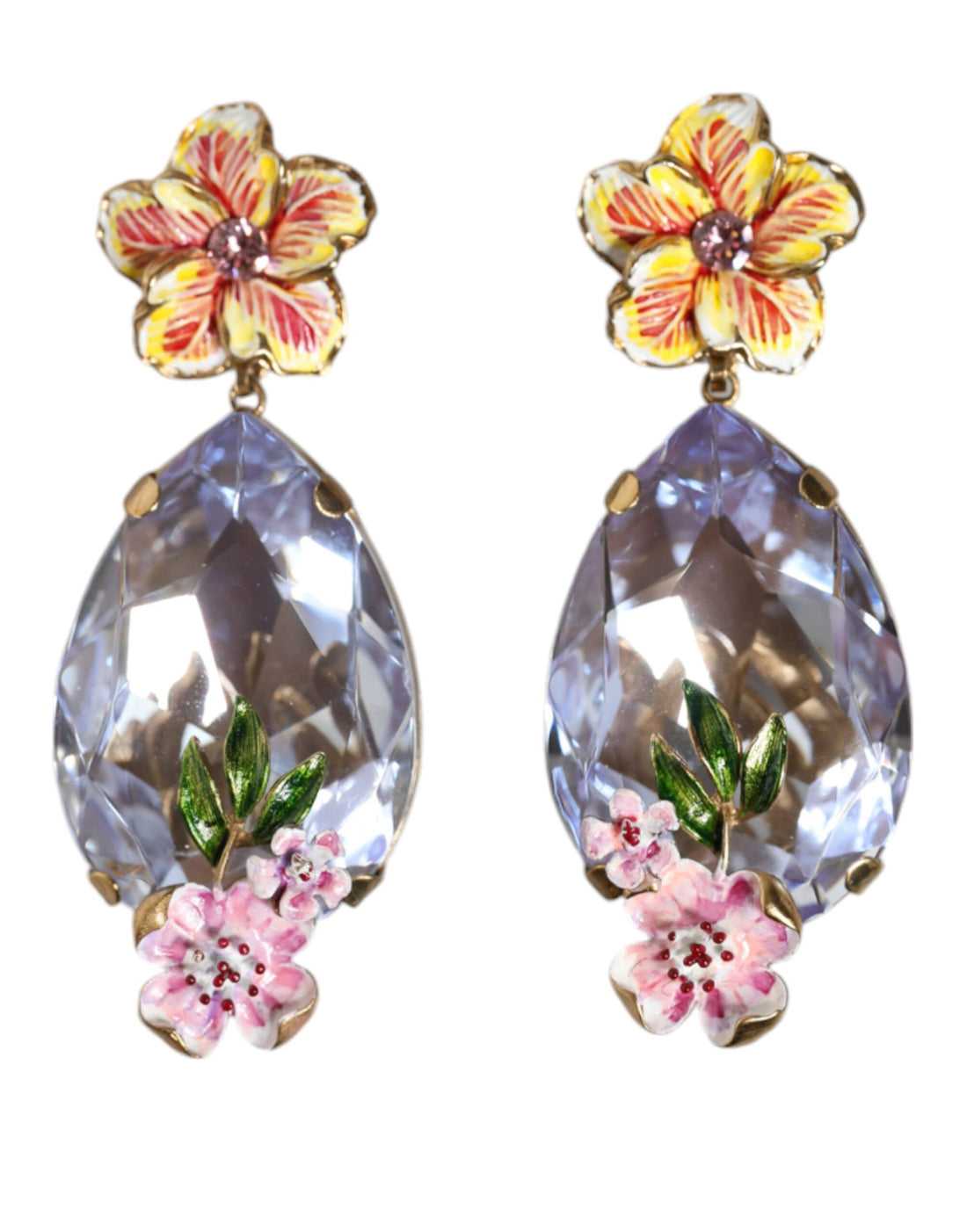 Dolce &amp; Gabbana Gold Tone Brass Crystals Floral Clip On Earrings