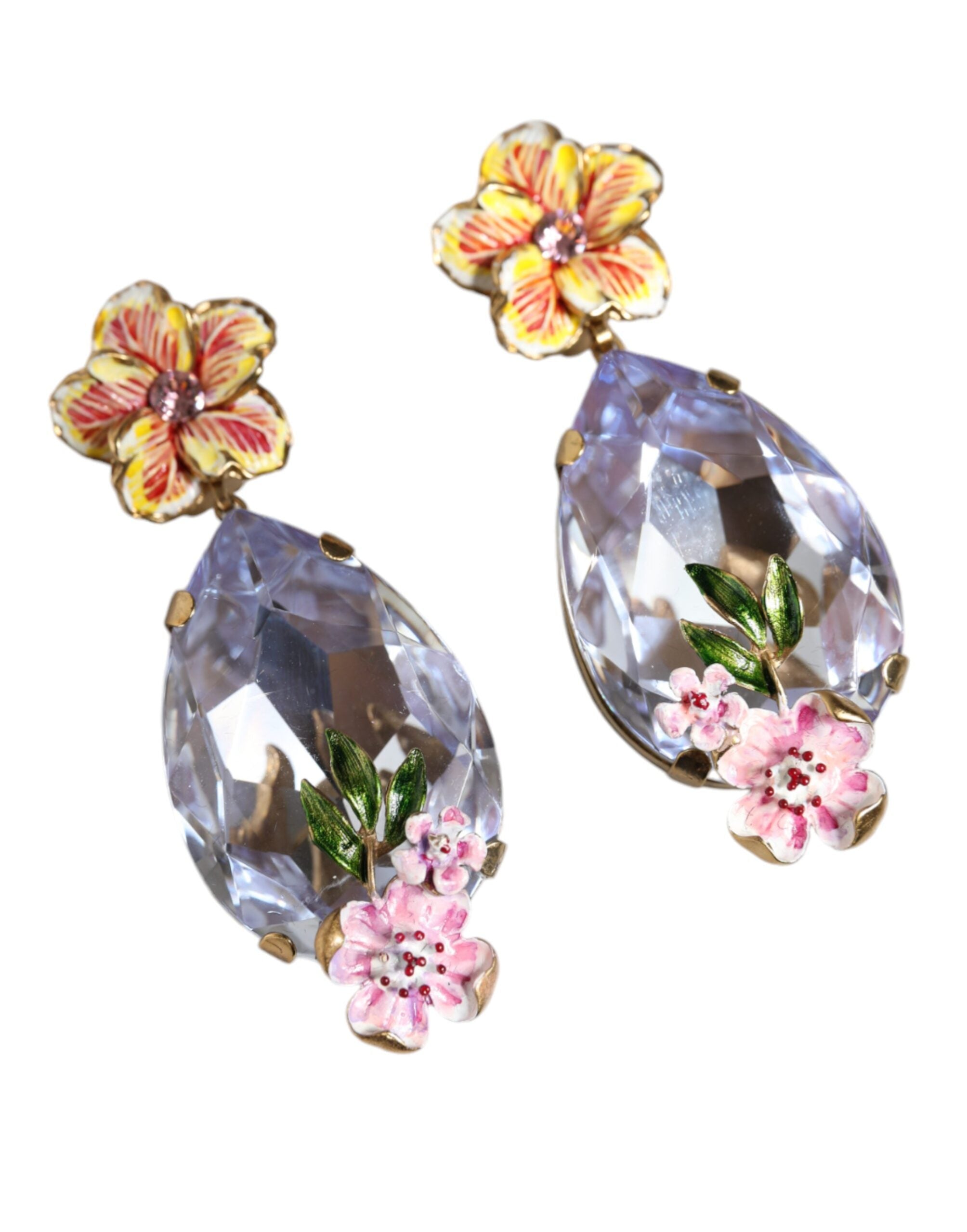 Dolce &amp; Gabbana Gold Tone Brass Crystals Floral Clip On Earrings