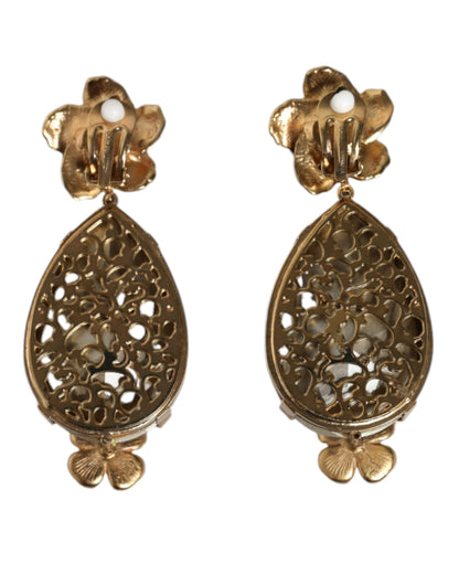 Dolce &amp; Gabbana Gold Tone Brass Crystals Floral Clip On Earrings