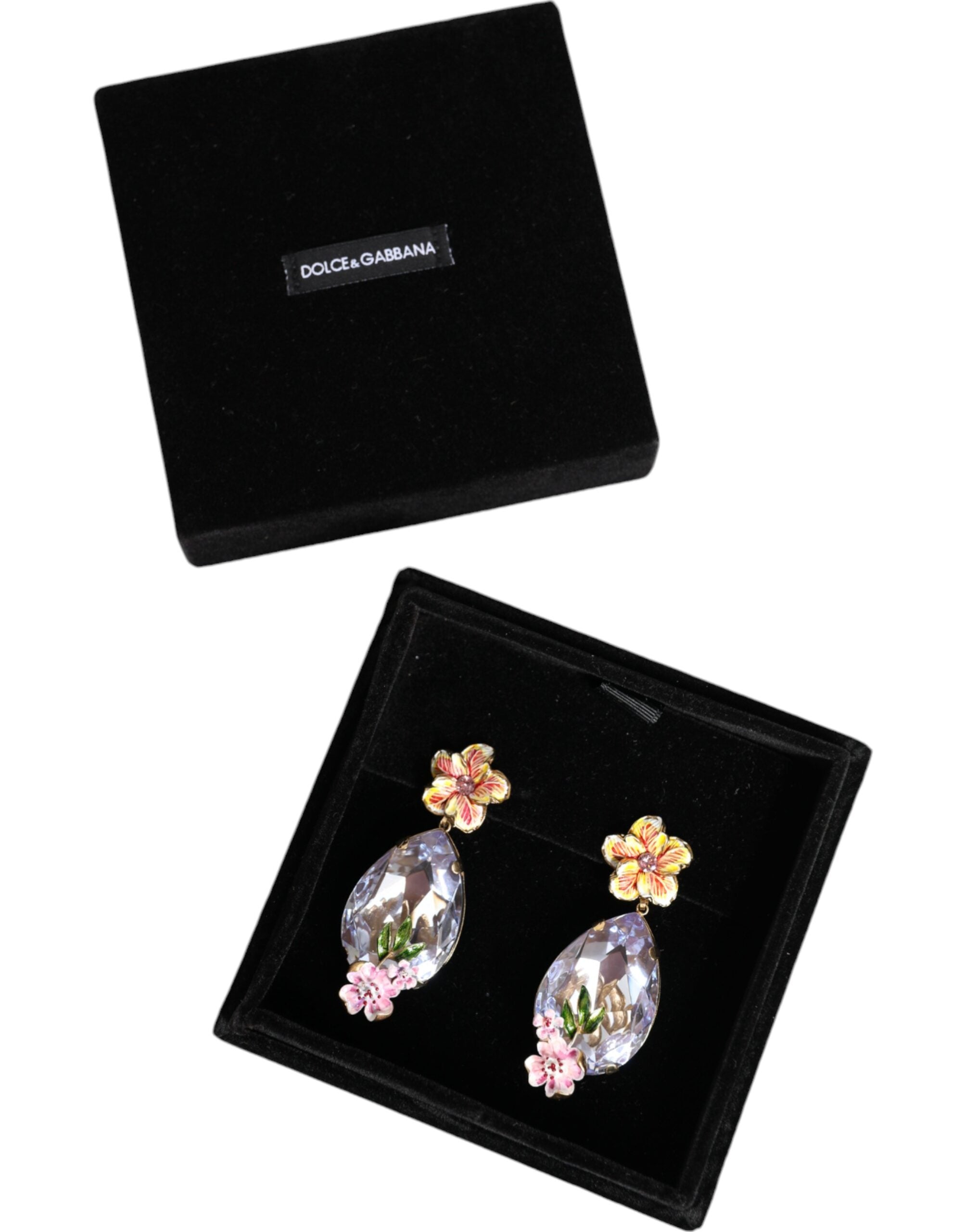 Dolce &amp; Gabbana Gold Tone Brass Crystals Floral Clip On Earrings