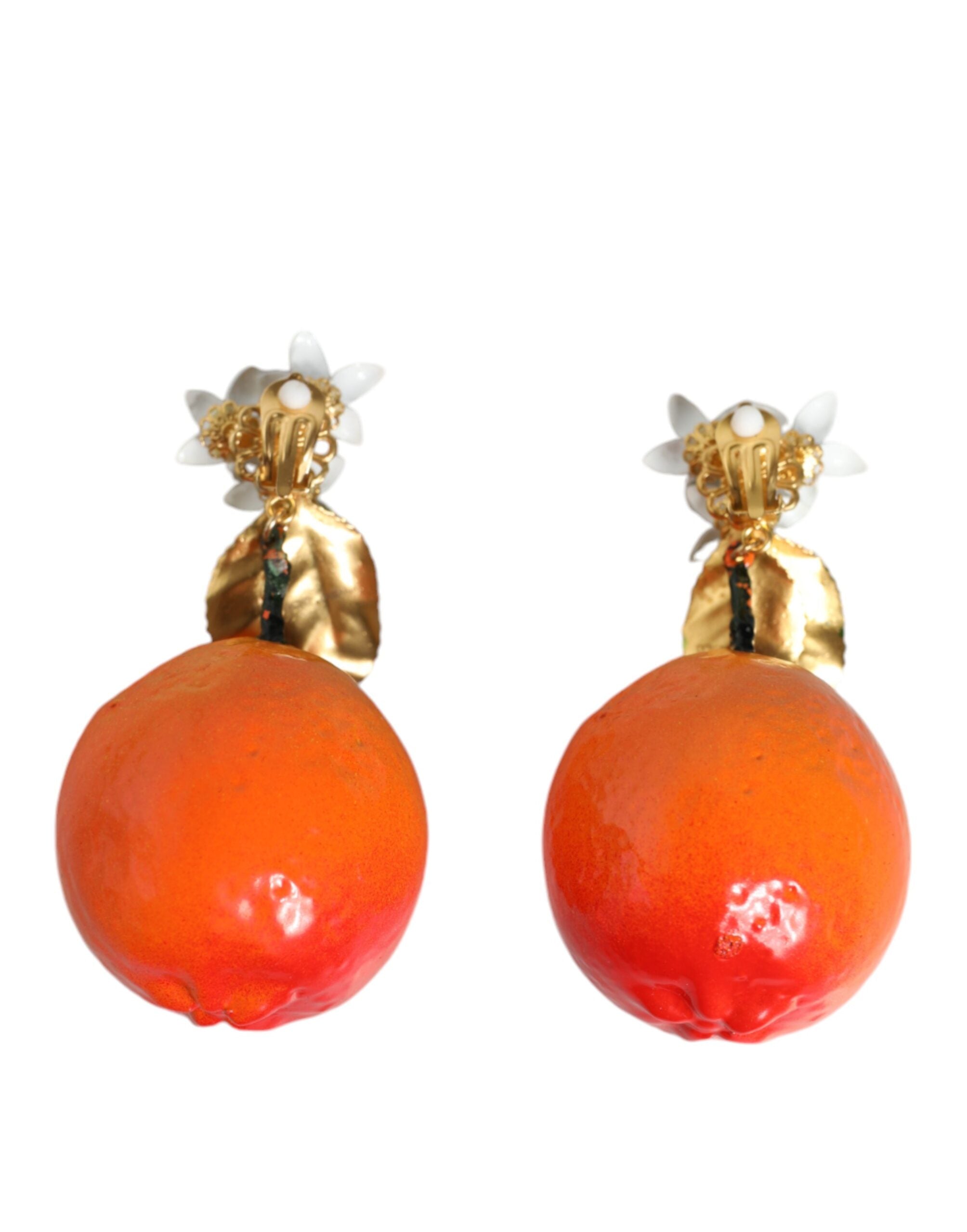 Dolce &amp; Gabbana Gold Tone Brass Crystals Orange Lily Clip On Earrings