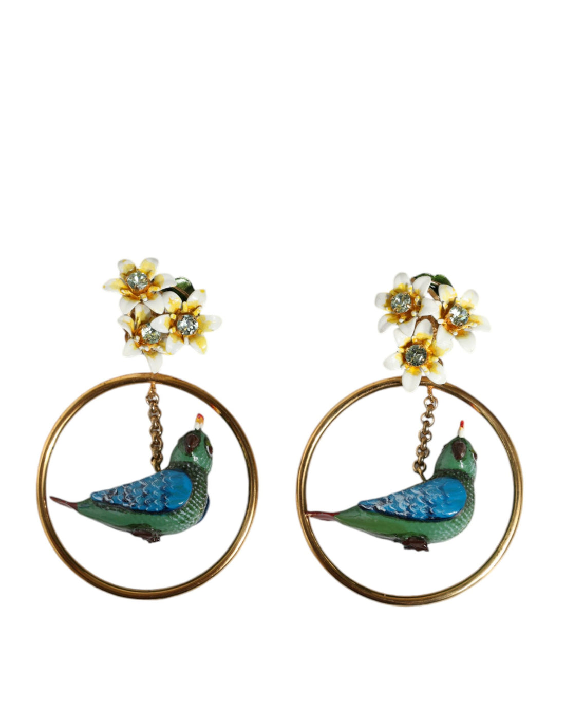 Dolce &amp; Gabbana Gold Tone Brass Crystal Bird-in-Hoop Statement Earrings