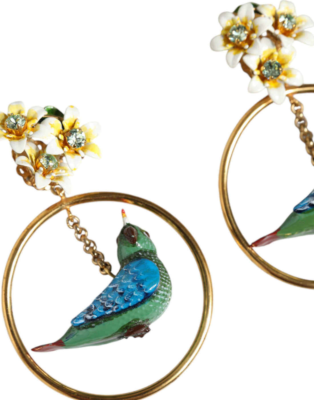 Dolce &amp; Gabbana Gold Tone Brass Crystal Bird-in-Hoop Statement Earrings