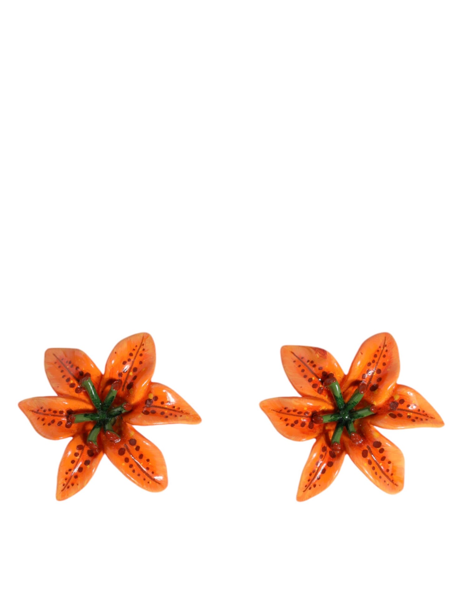 Dolce &amp; Gabbana Orange Green Gold Brass Lily Flower Clip Floral Earrings