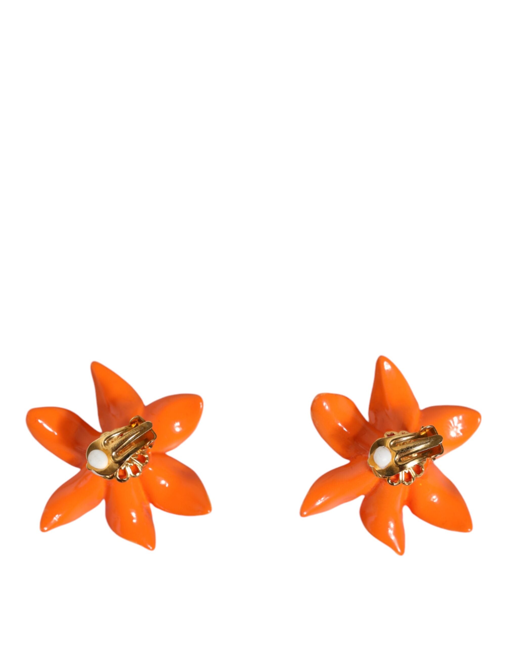 Dolce &amp; Gabbana Orange Green Gold Brass Lily Flower Clip Floral Earrings