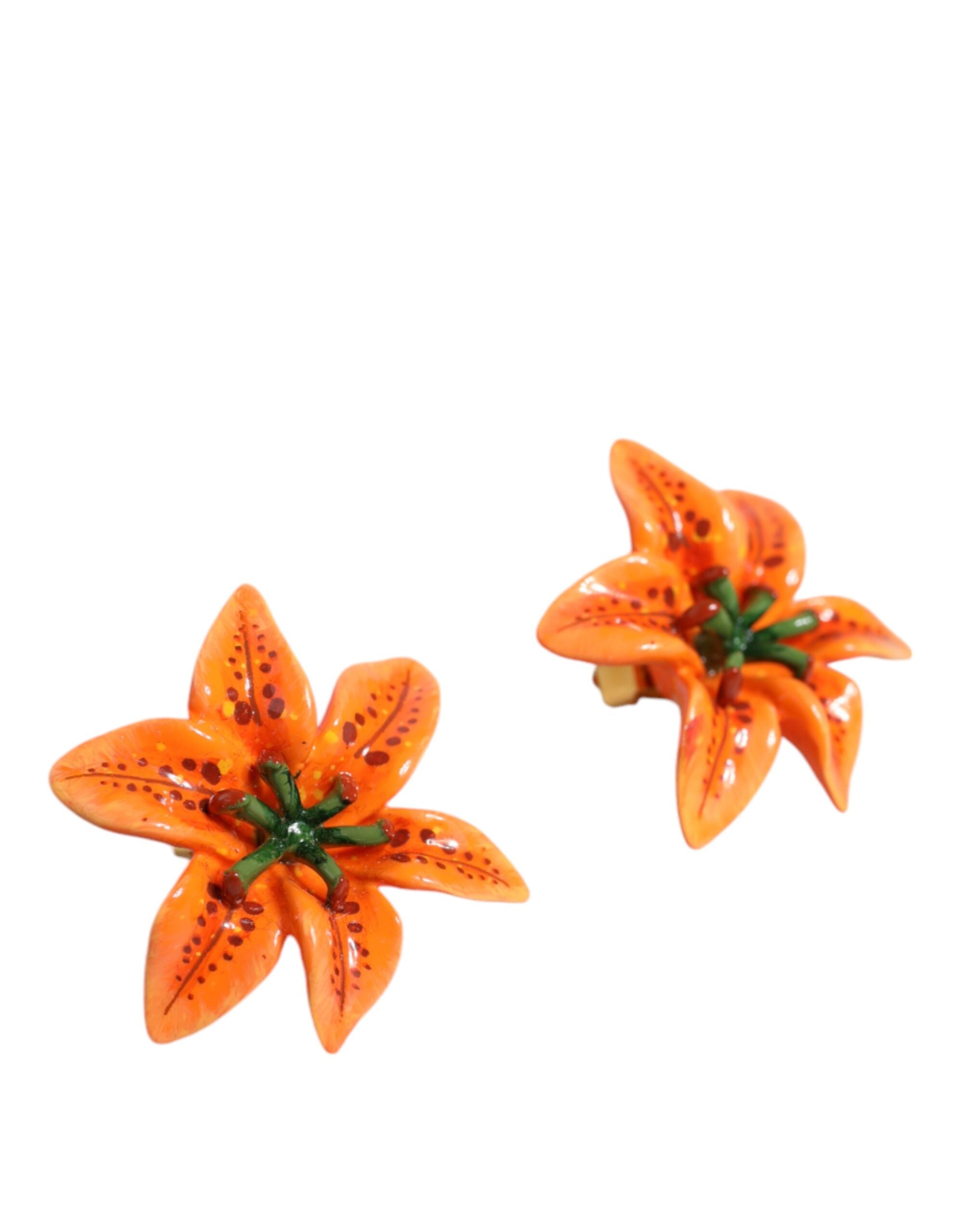 Dolce &amp; Gabbana Orange Green Gold Brass Lily Flower Clip Floral Earrings