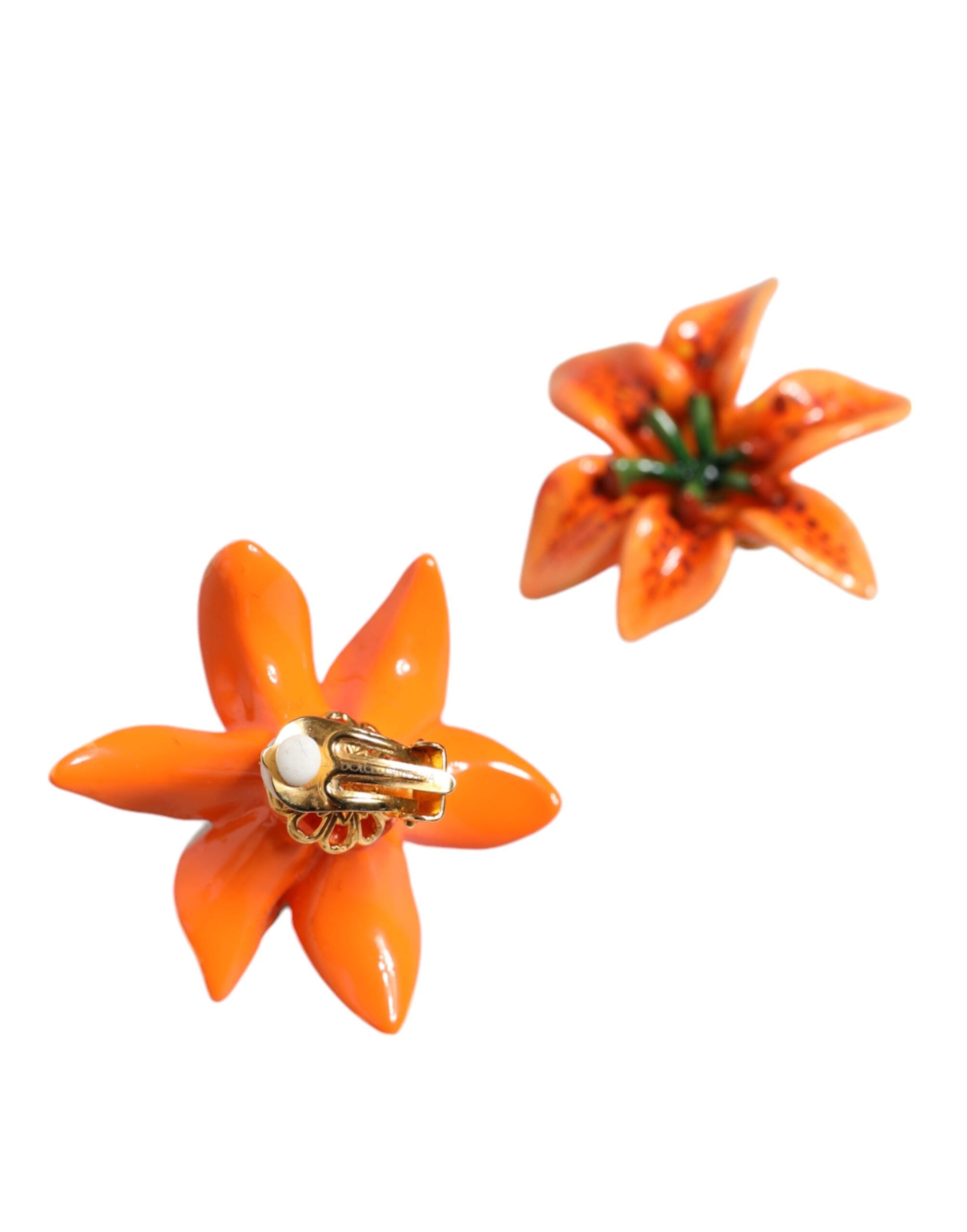 Dolce &amp; Gabbana Orange Green Gold Brass Lily Flower Clip Floral Earrings