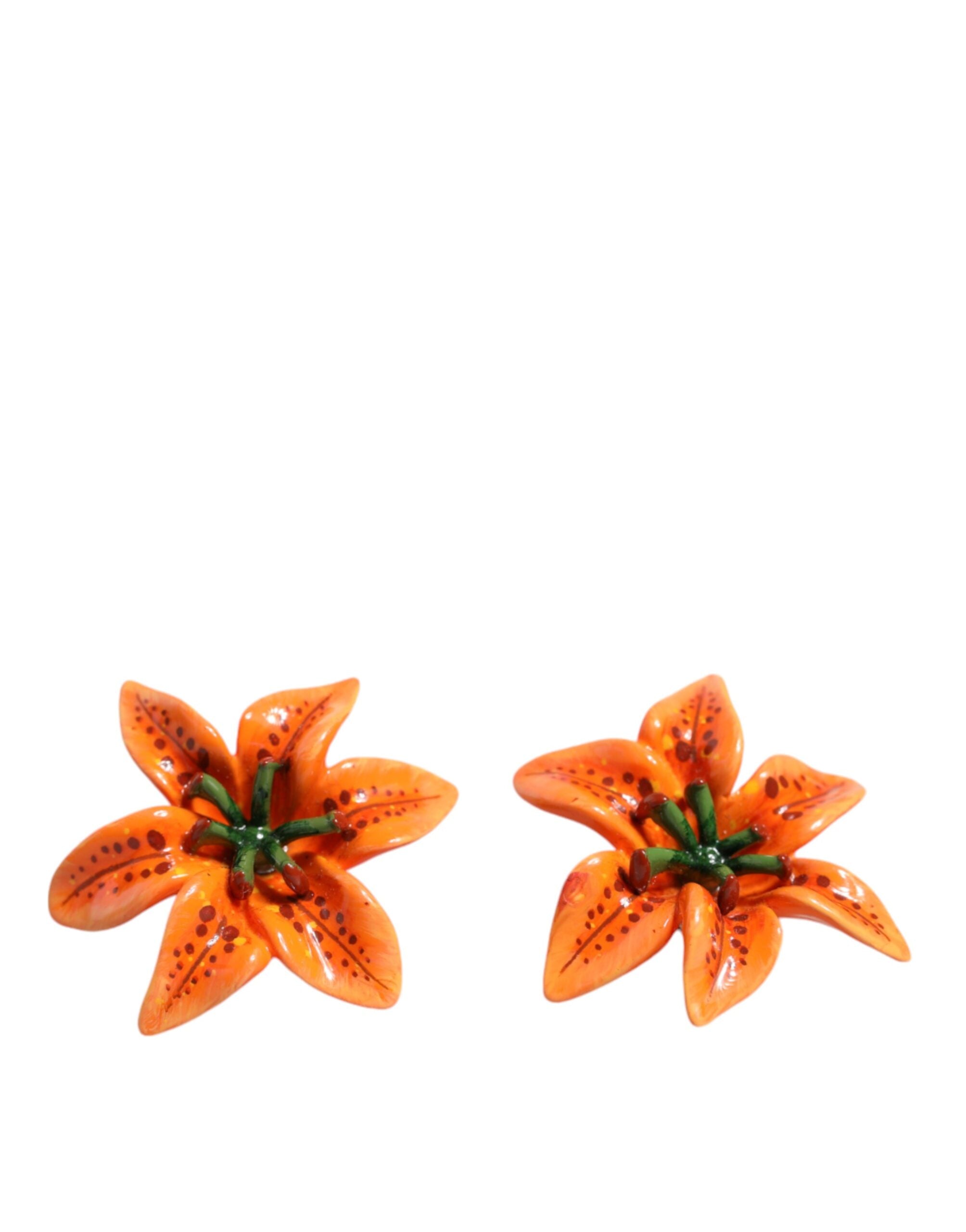 Dolce &amp; Gabbana Orange Green Gold Brass Lily Flower Clip Floral Earrings