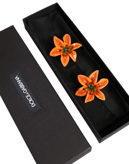 Dolce &amp; Gabbana Orange Green Gold Brass Lily Flower Clip Floral Earrings