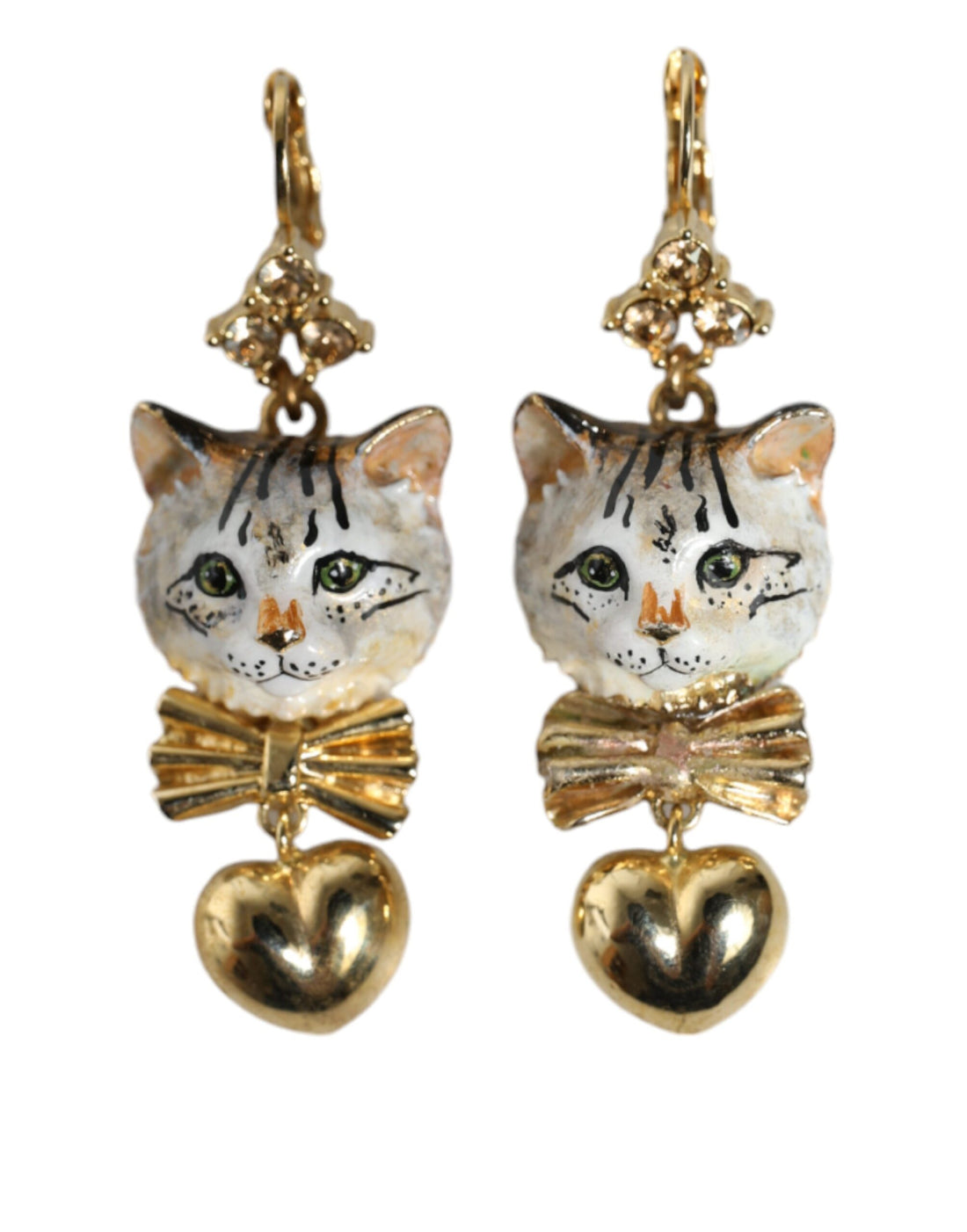 Dolce &amp; Gabbana Gold Brass Heart Cat Crystal Pendant Clip Drop Earrings