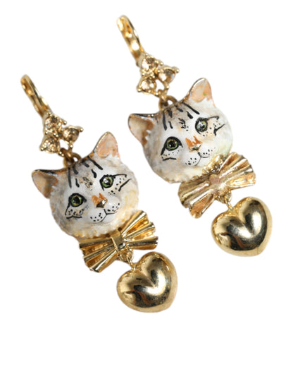 Dolce &amp; Gabbana Gold Brass Heart Cat Crystal Pendant Clip Drop Earrings