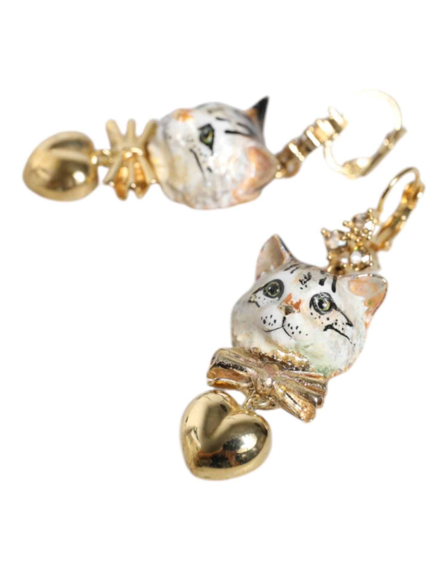 Dolce &amp; Gabbana Gold Brass Heart Cat Crystal Pendant Clip Drop Earrings