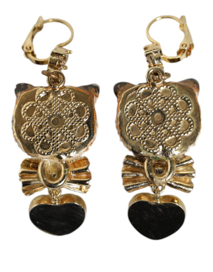 Dolce &amp; Gabbana Gold Brass Heart Cat Crystal Pendant Clip Drop Earrings