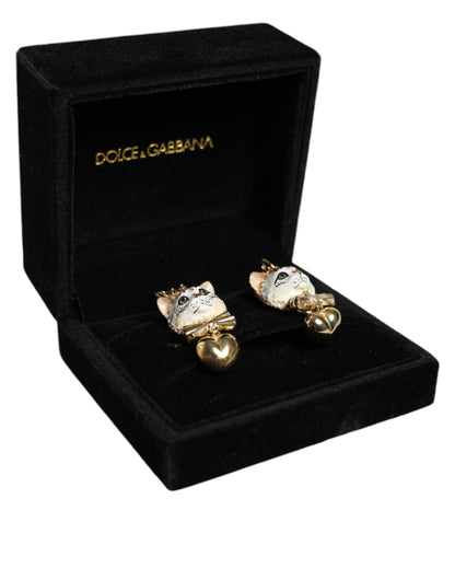 Dolce &amp; Gabbana Gold Brass Heart Cat Crystal Pendant Clip Drop Earrings