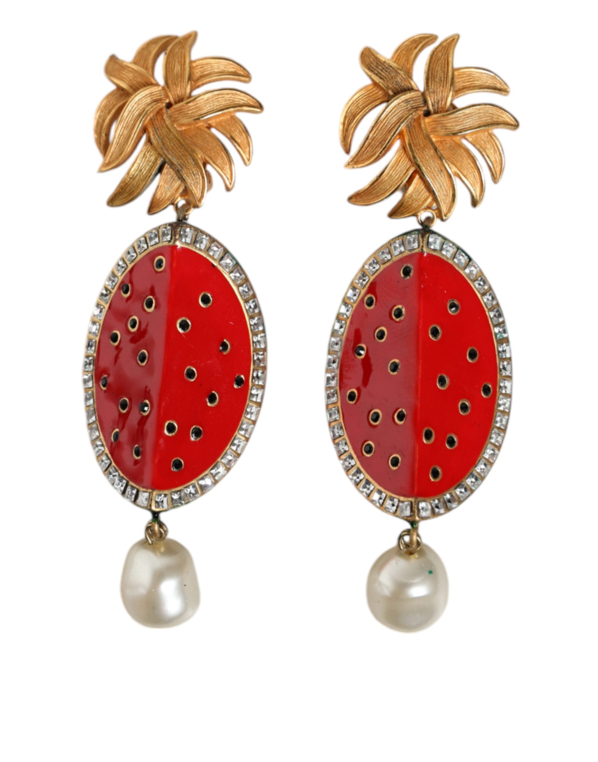 Dolce &amp; Gabbana Red Watermelon Gold Brass Crystal Clip Dangling Earrings