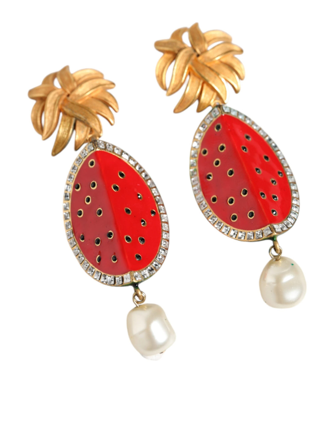 Dolce &amp; Gabbana Red Watermelon Gold Brass Crystal Clip Dangling Earrings