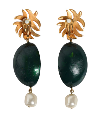 Dolce &amp; Gabbana Red Watermelon Gold Brass Crystal Clip Dangling Earrings