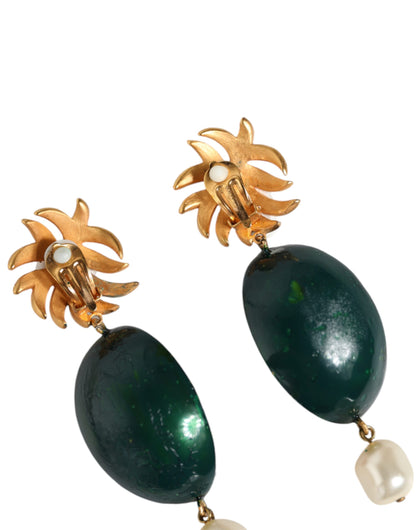 Dolce &amp; Gabbana Red Watermelon Gold Brass Crystal Clip Dangling Earrings