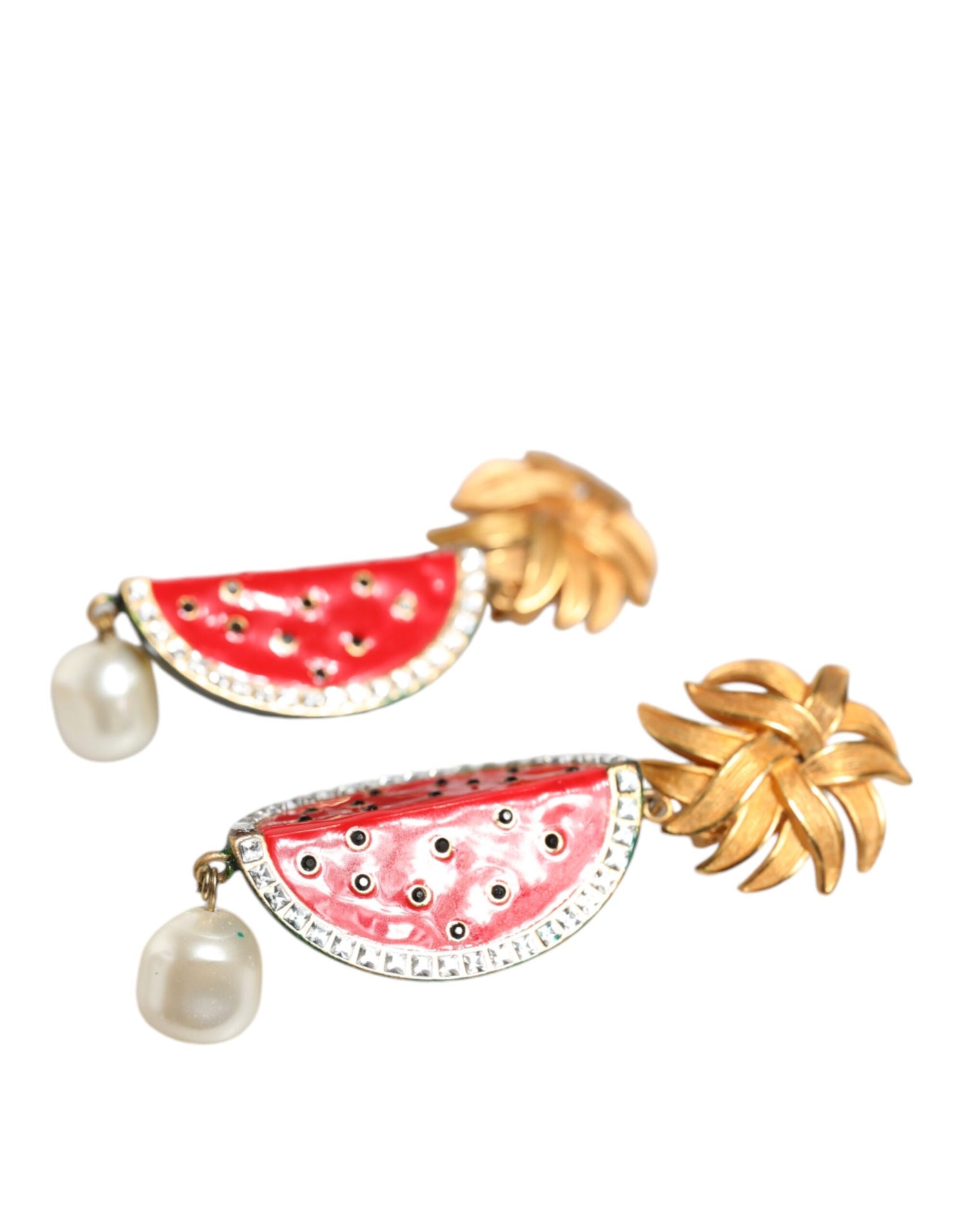 Dolce &amp; Gabbana Red Watermelon Gold Brass Crystal Clip Dangling Earrings