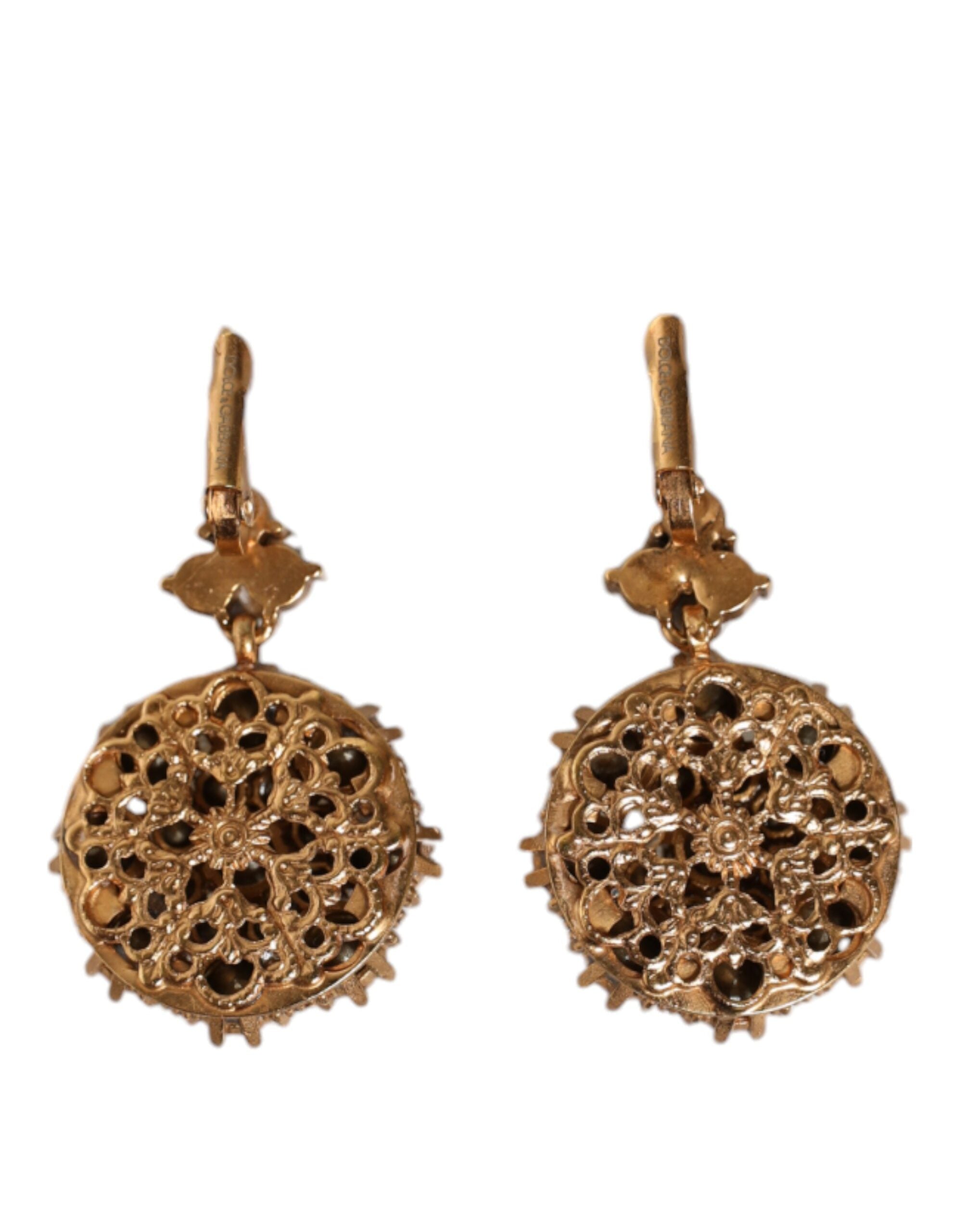 Dolce &amp; Gabbana Gold Brass Crystal SICILY Clip Jewelry Dangling Earrings