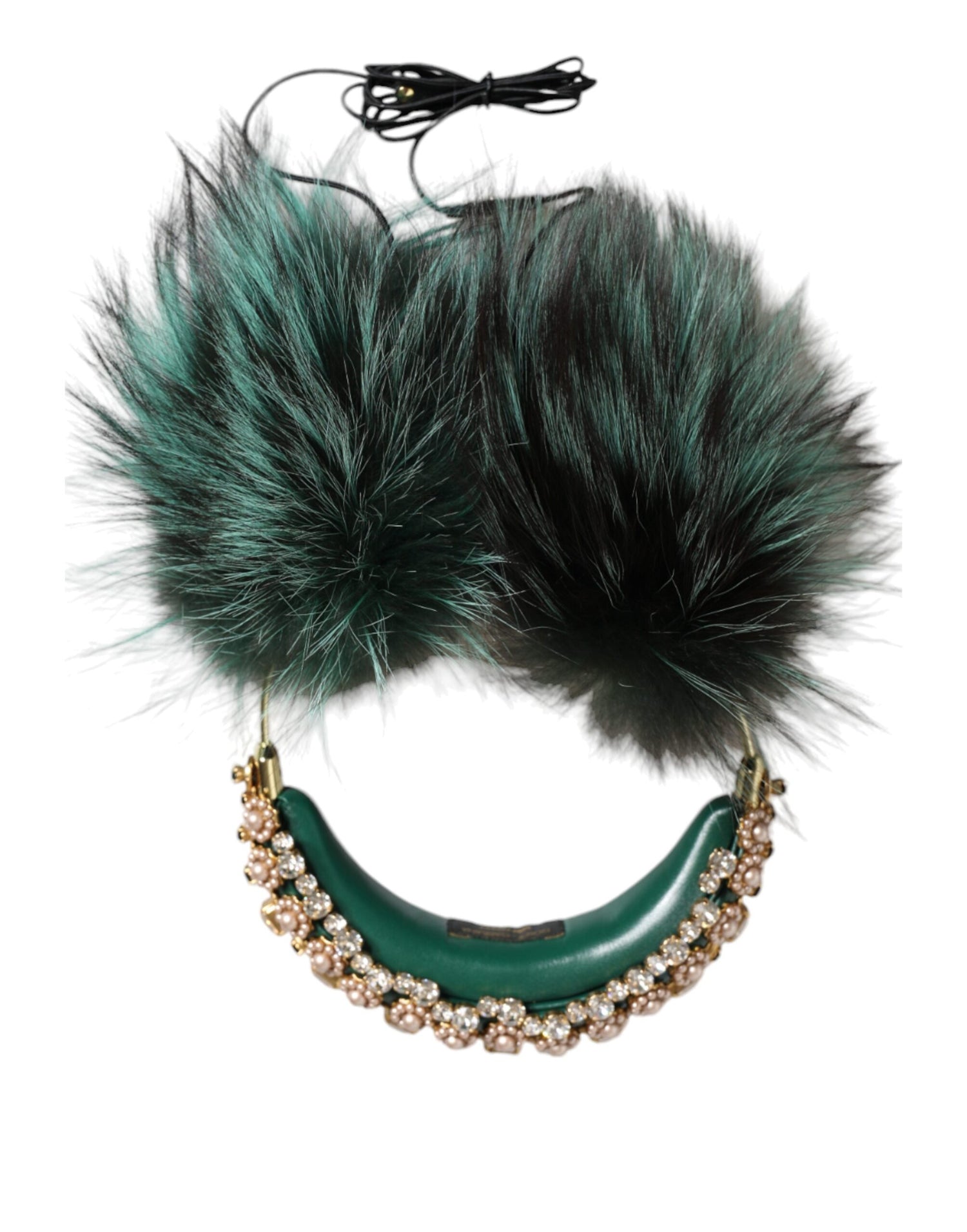 Dolce &amp; Gabbana Green Gold Crystal Fur Headset Audio AUX Headphones