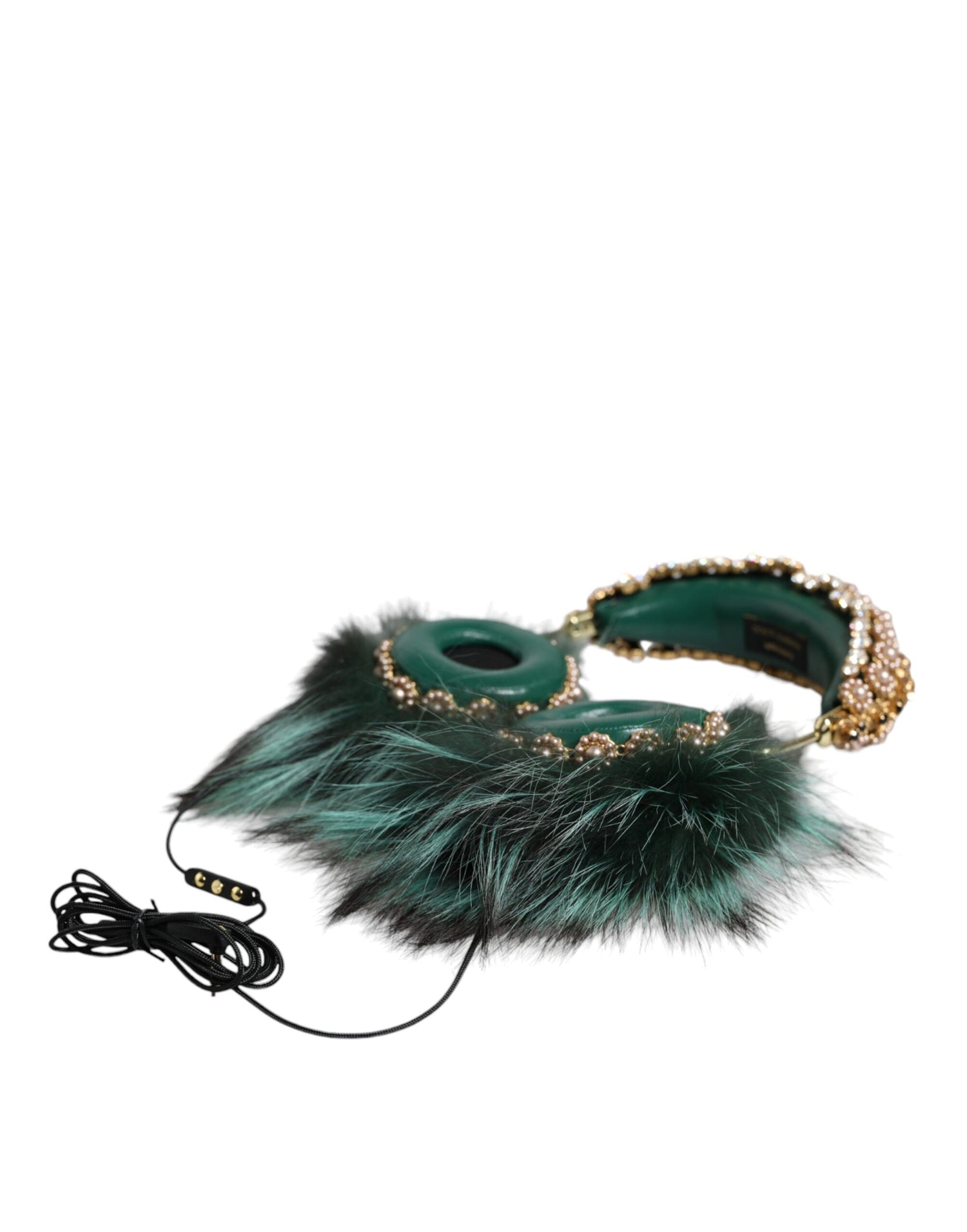 Dolce &amp; Gabbana Green Gold Crystal Fur Headset Audio AUX Headphones