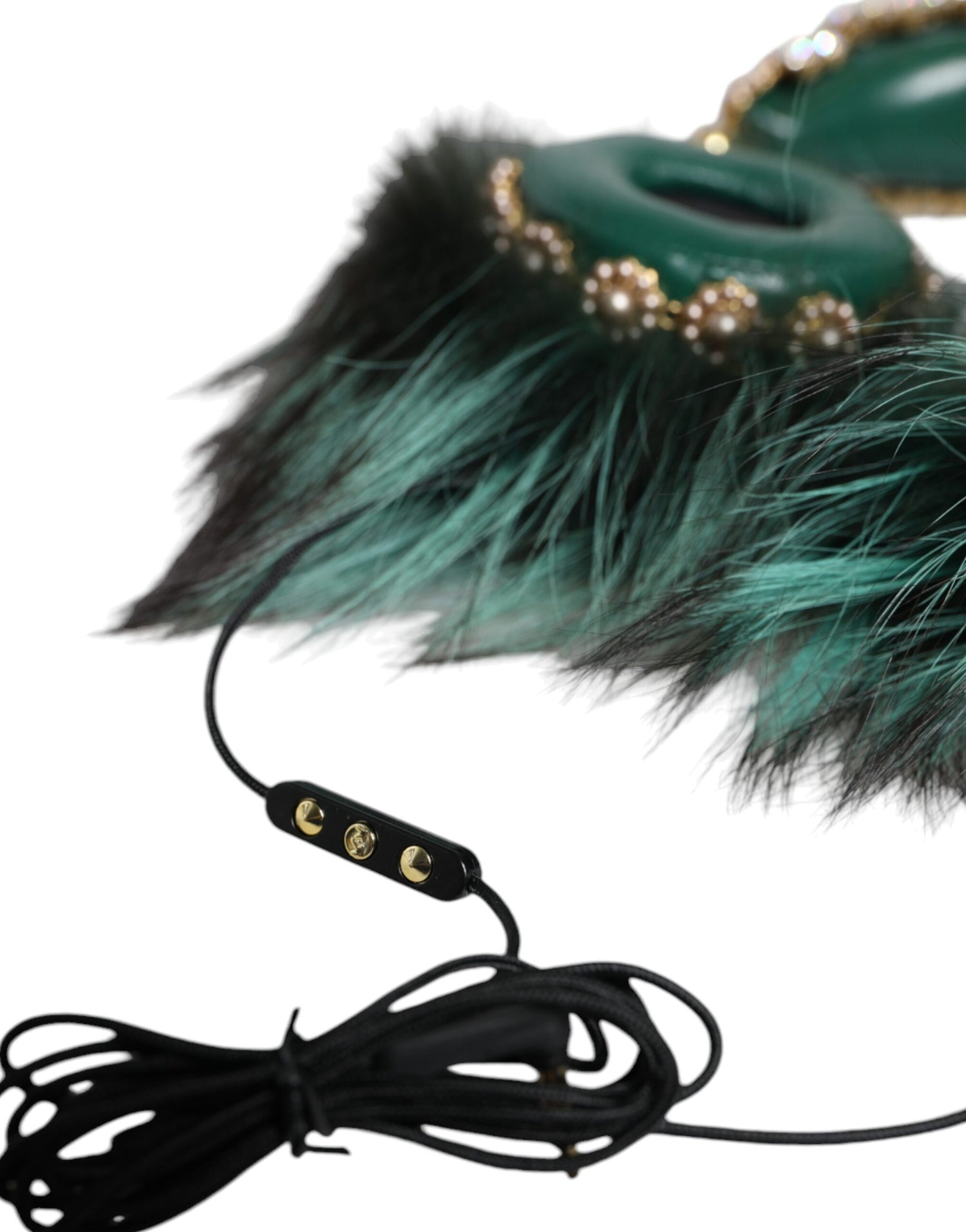 Dolce &amp; Gabbana Green Gold Crystal Fur Headset Audio AUX Headphones