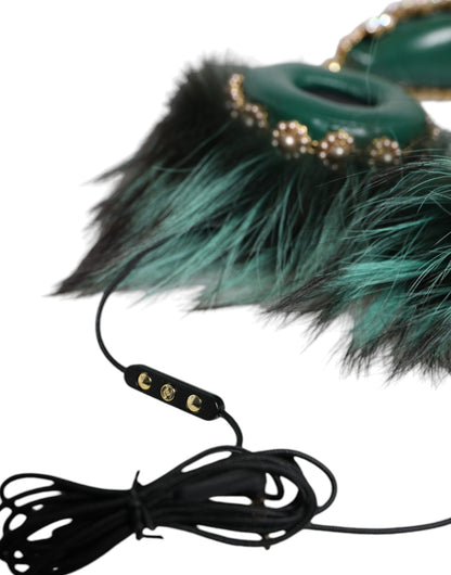 Dolce &amp; Gabbana Green Gold Crystal Fur Headset Audio AUX Headphones