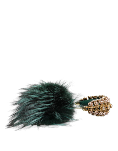 Dolce &amp; Gabbana Green Gold Crystal Fur Headset Audio AUX Headphones