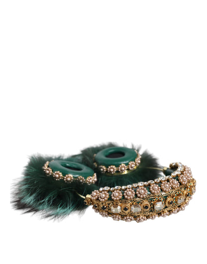 Dolce &amp; Gabbana Green Gold Crystal Fur Headset Audio AUX Headphones