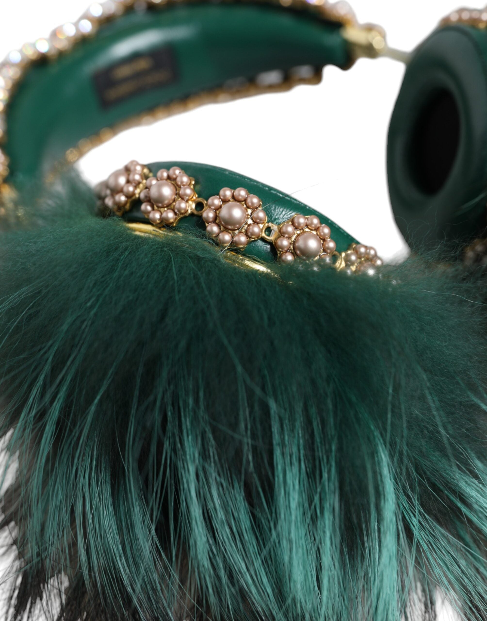 Dolce &amp; Gabbana Green Gold Crystal Fur Headset Audio AUX Headphones