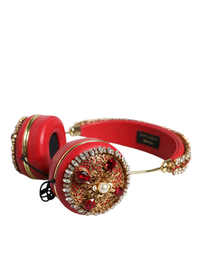 Dolce &amp; Gabbana Red Nappa Leather Floral Crystal Headphone