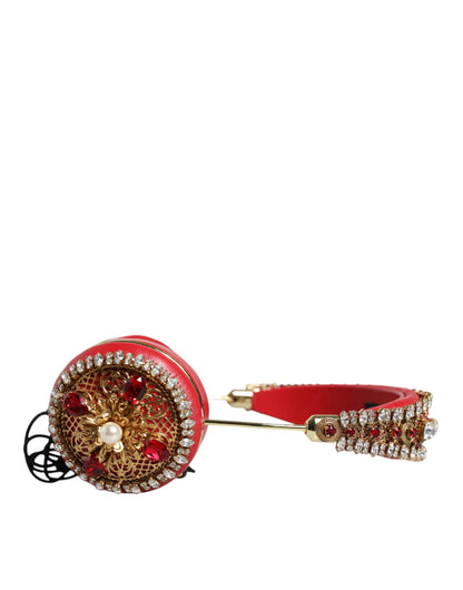 Dolce &amp; Gabbana Red Nappa Leather Floral Crystal Headphone