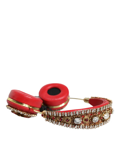 Dolce &amp; Gabbana Red Nappa Leather Floral Crystal Headphone