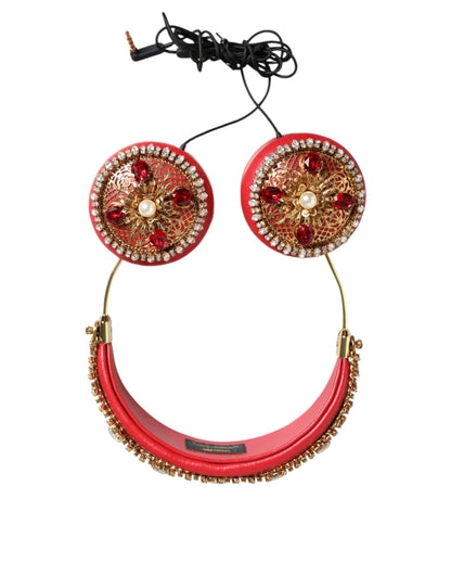 Dolce &amp; Gabbana Red Nappa Leather Floral Crystal Headphone