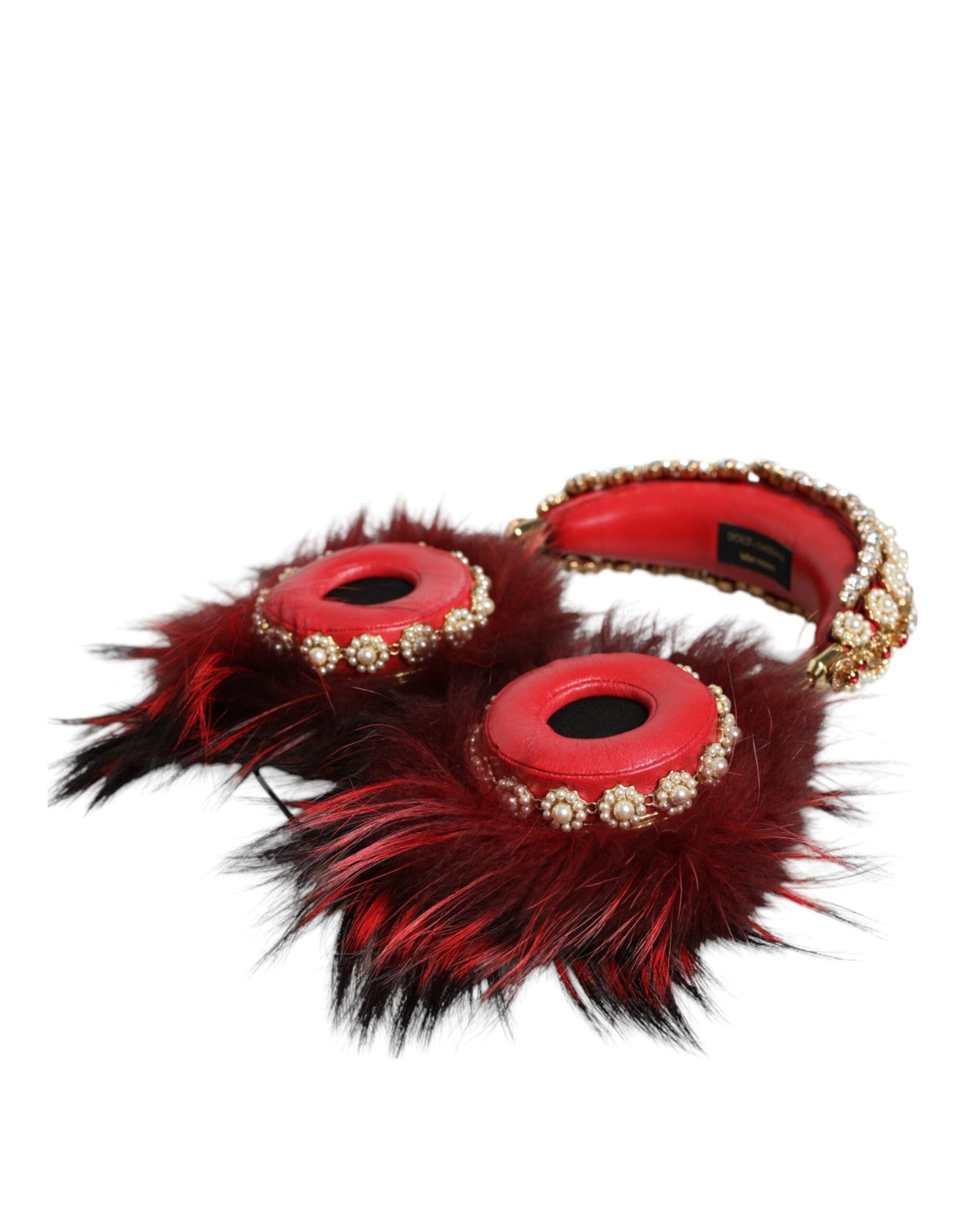 Dolce &amp; Gabbana Red Gold Crystal Fur Headset Audio AUX Headphones